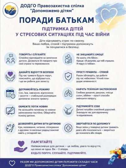 ПОРАДИ БАТЬКАМ: ПІДТРИМКА ДІТЕЙ У СТРЕСОВИХ СИТУАЦІЯХ ПІД ЧАС ВІЙНИ