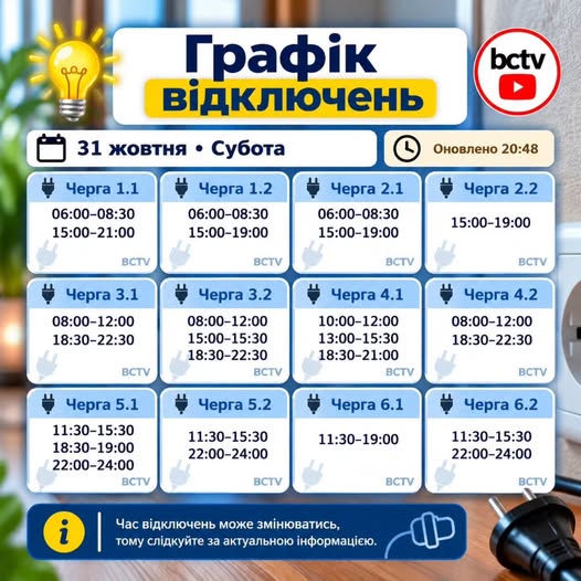 ГРАФІК СТАБІЛІЗАЦІЙНИХ ВІДКЛЮЧЕНЬ 31 ЖОВТНЯ